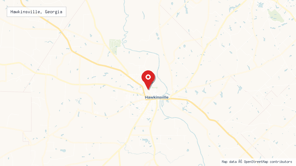 Street map of Hawkinsville, Georgia with location pin