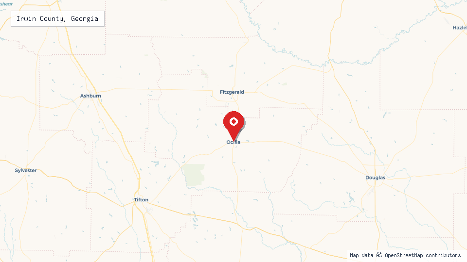 Street map of Irwin County, Georgia with location pin