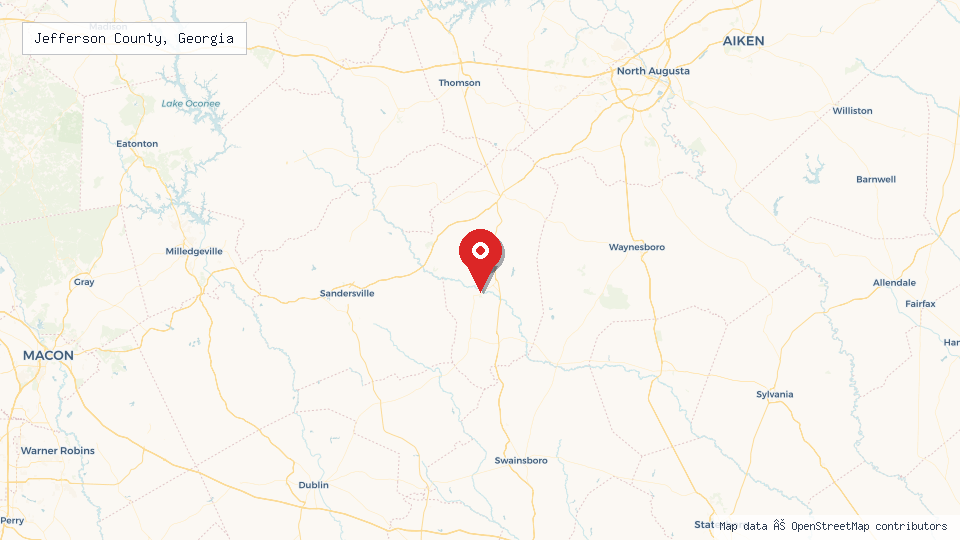 Street map of Jefferson County, Georgia with location pin