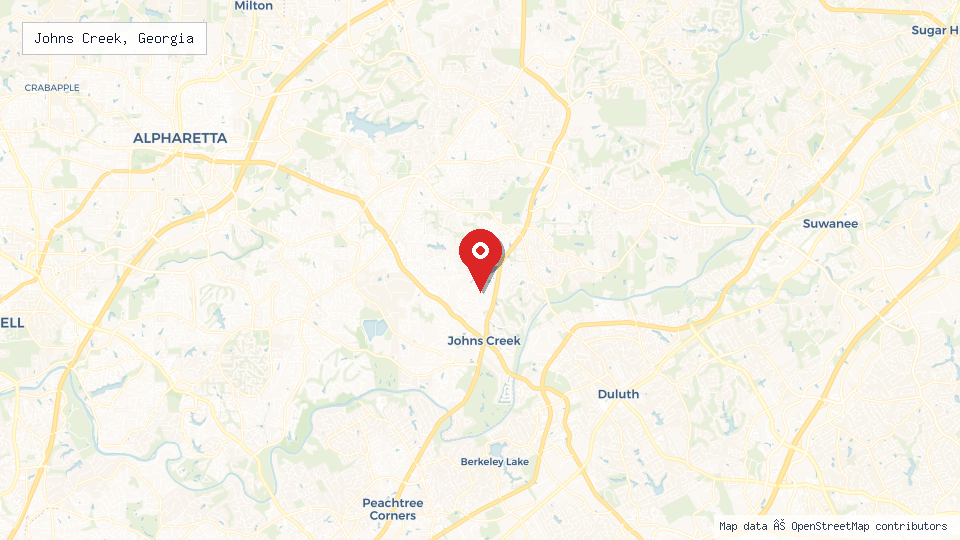 Street map of Johns Creek, Georgia with location pin
