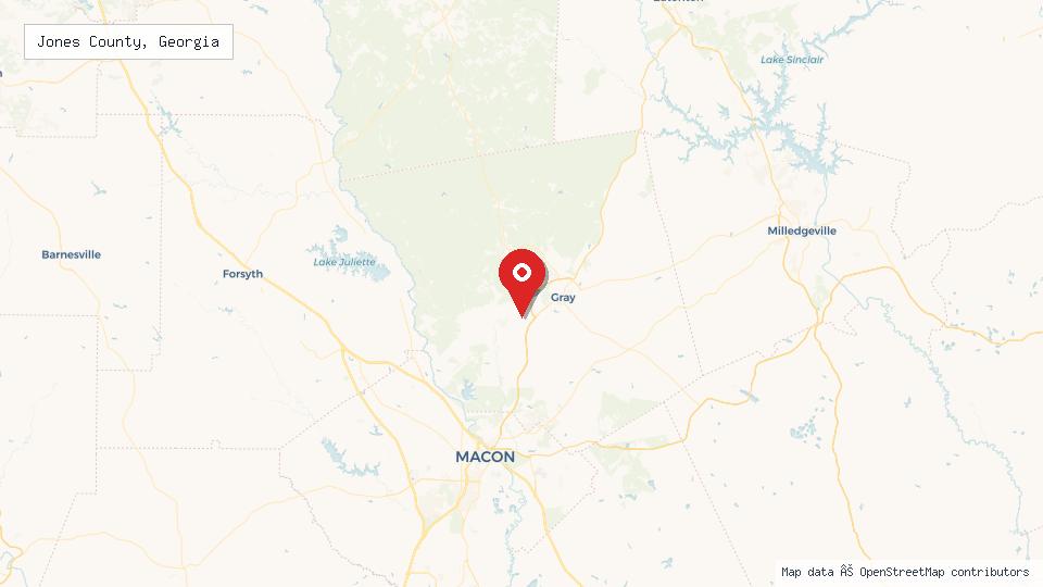Street map of Jones County, Georgia with location pin