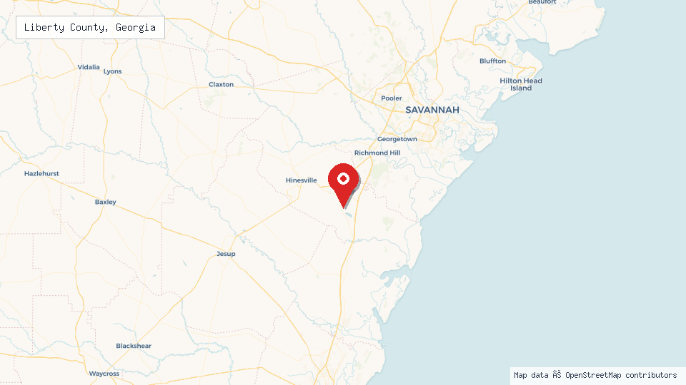 Street map of Liberty County, Georgia with location pin