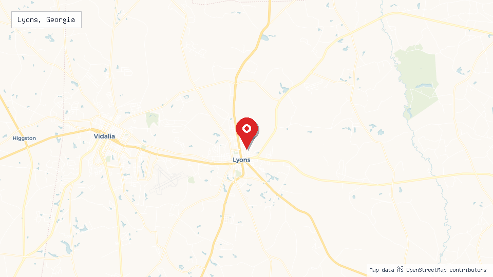 Street map of Lyons, Georgia with location pin
