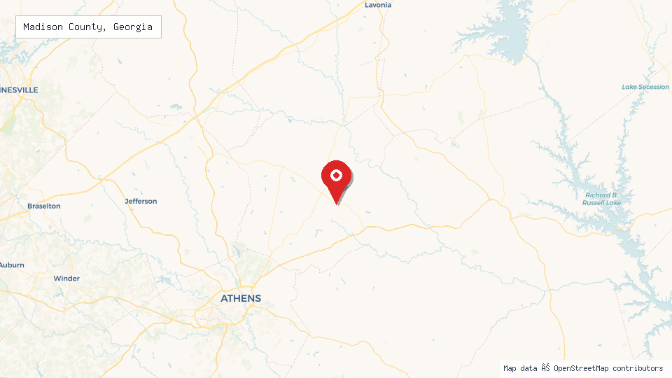 Street map of Madison County, Georgia with location pin