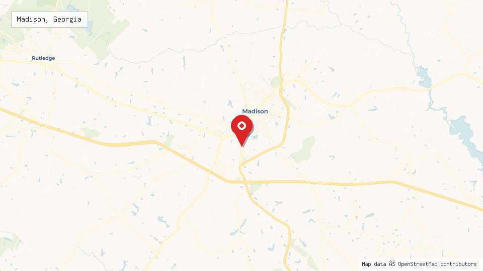 Street map of Madison, Georgia with location pin