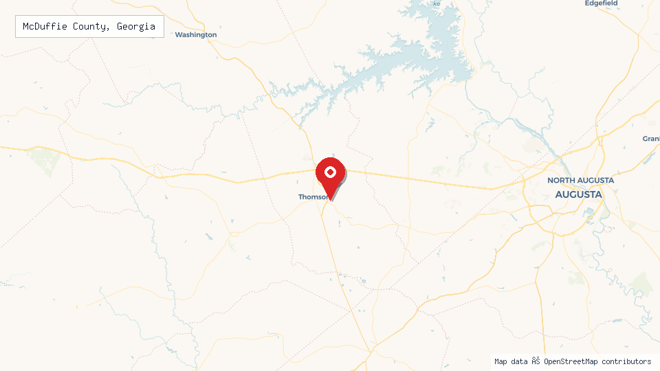 Street map of McDuffie County, Georgia with location pin