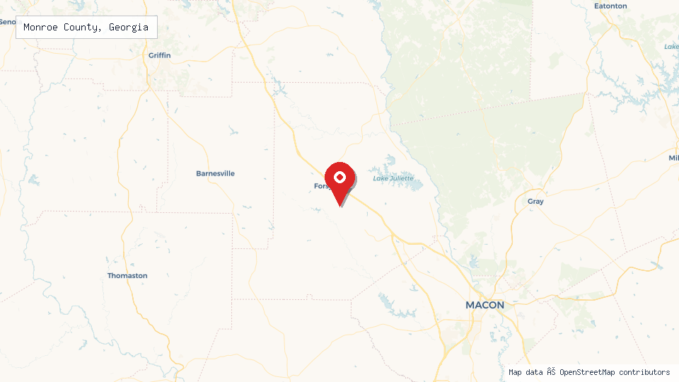 Street map of Monroe County, Georgia with location pin