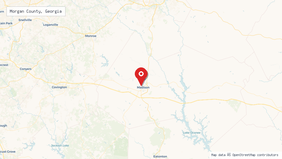 Street map of Morgan County, Georgia with location pin