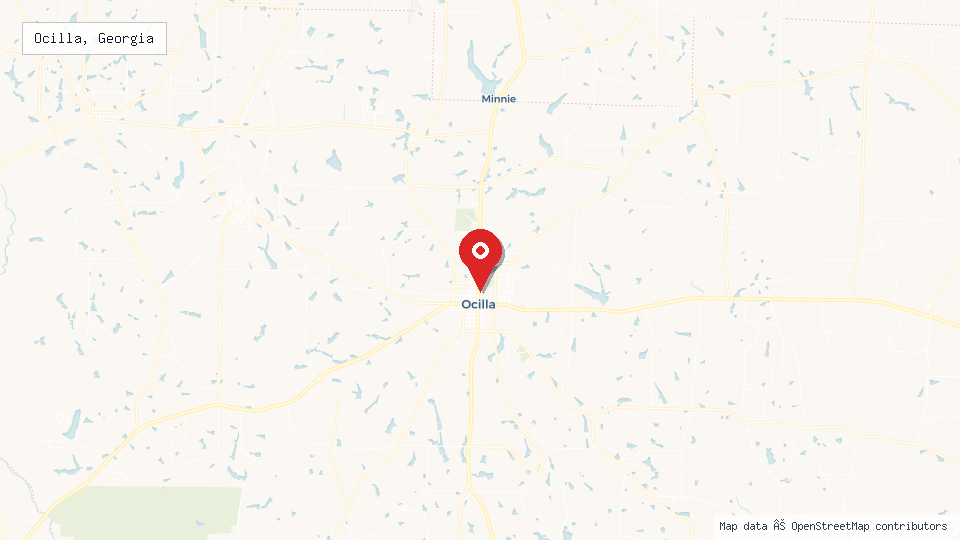 Street map of Ocilla, Georgia with location pin