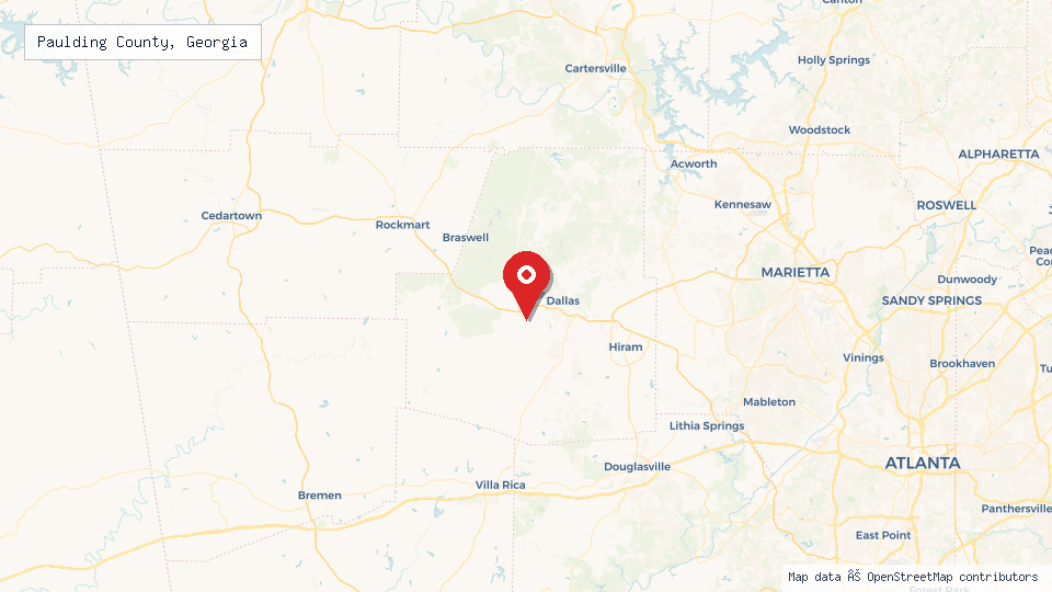 Street map of Paulding County, Georgia with location pin