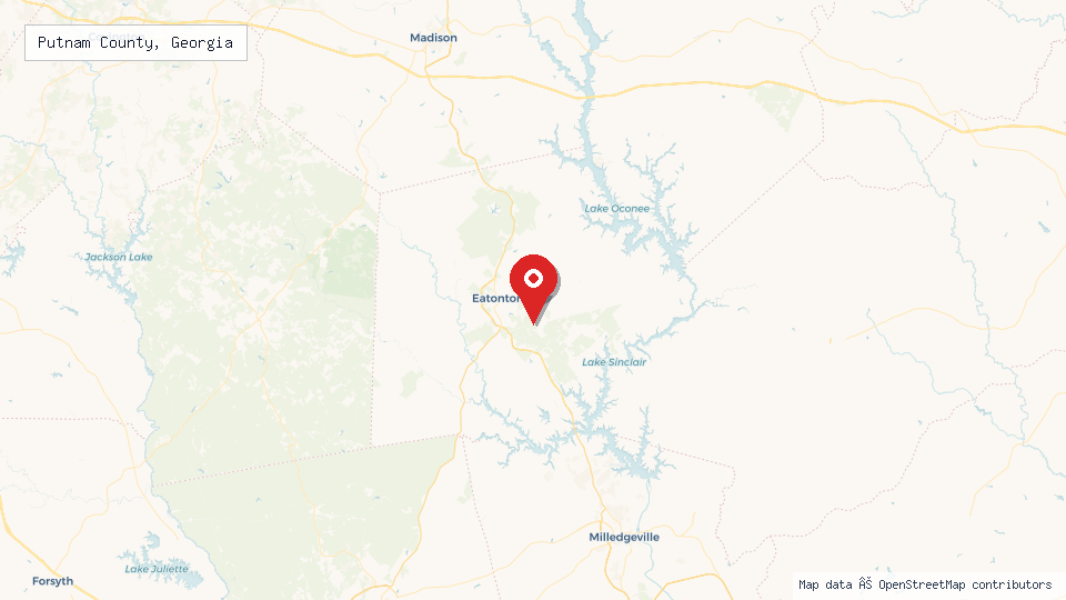 Street map of Putnam County, Georgia with location pin