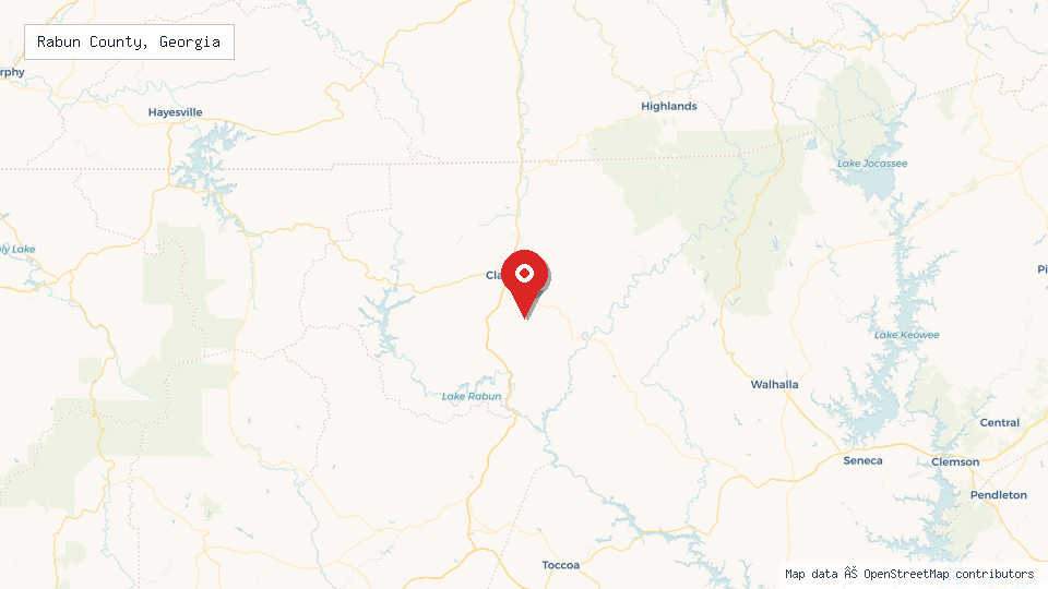 Street map of Rabun County, Georgia with location pin