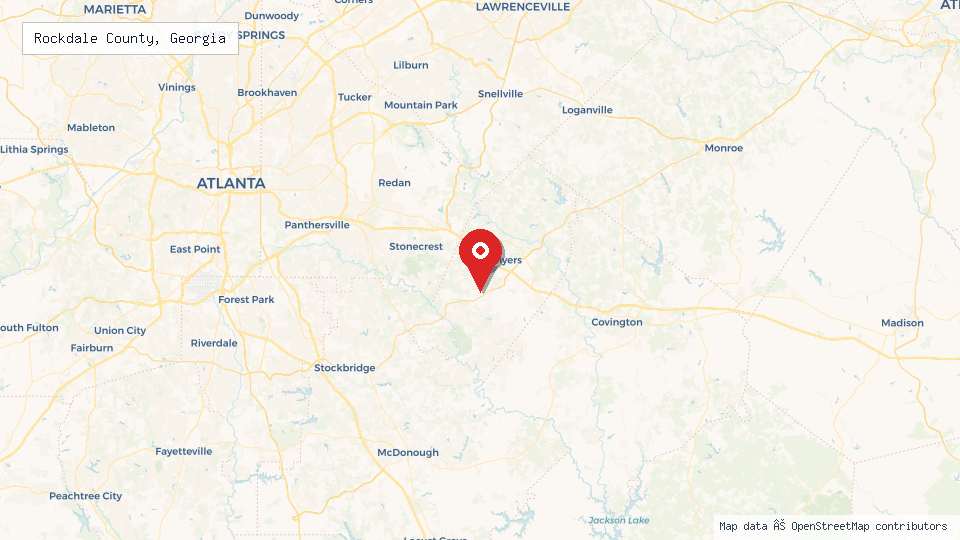Street map of Rockdale County, Georgia with location pin