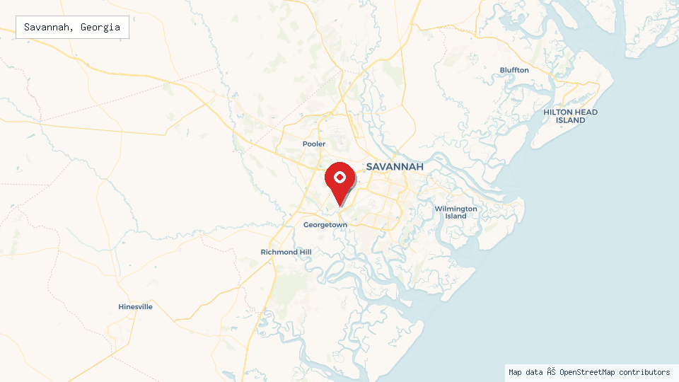 Street map of Savannah, Georgia with location pin