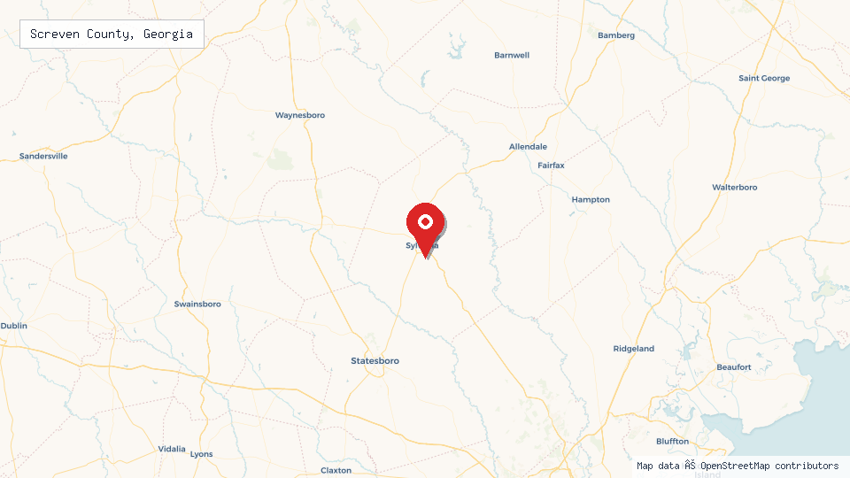 Street map of Screven County, Georgia with location pin