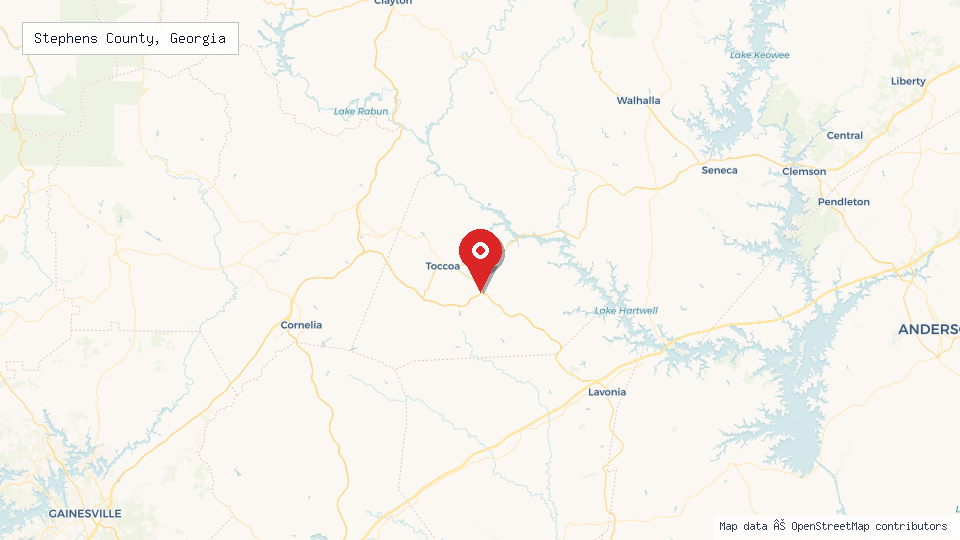 Street map of Stephens County, Georgia with location pin