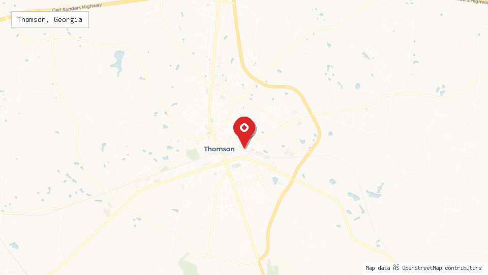 Street map of Thomson, Georgia with location pin