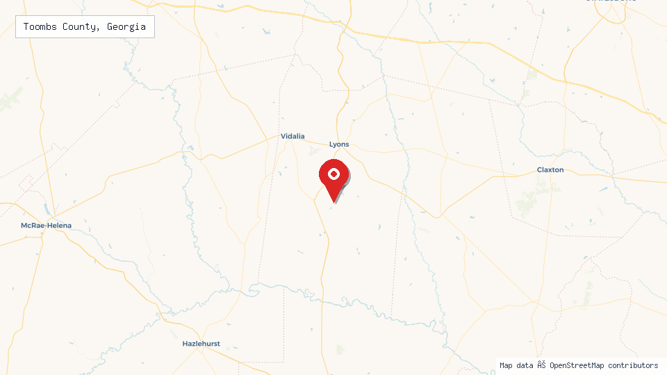 Street map of Toombs County, Georgia with location pin