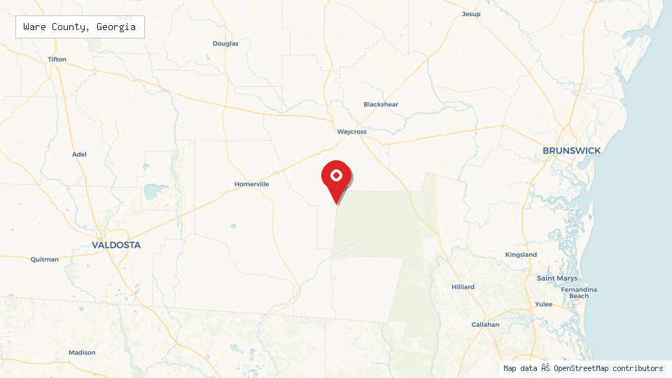 Street map of Ware County, Georgia with location pin