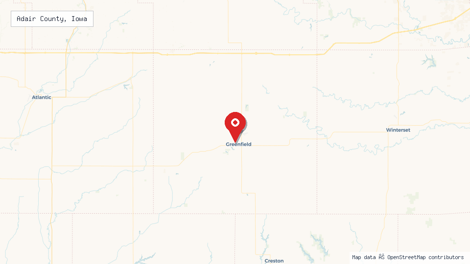 Street map of Adair County, Iowa with location pin