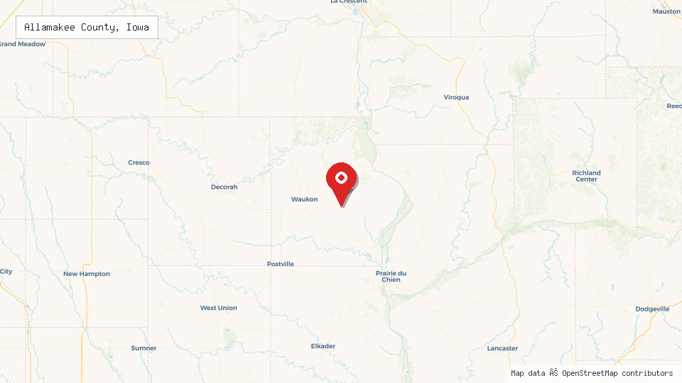 Street map of Allamakee County, Iowa with location pin