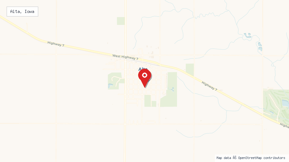Street map of Alta, Iowa with location pin