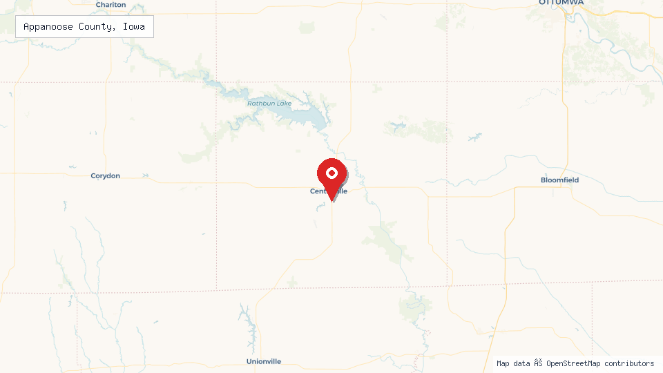 Street map of Appanoose County, Iowa with location pin