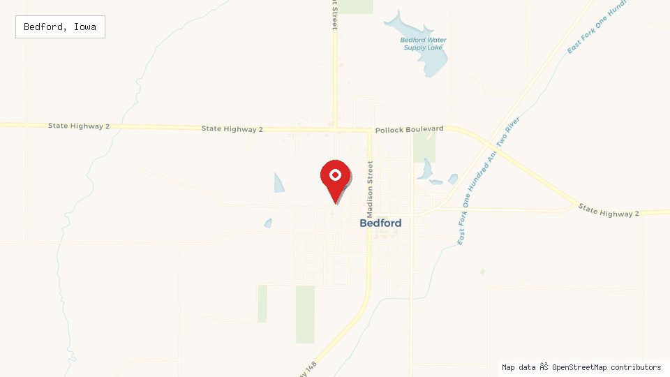 Street map of Bedford, Iowa with location pin