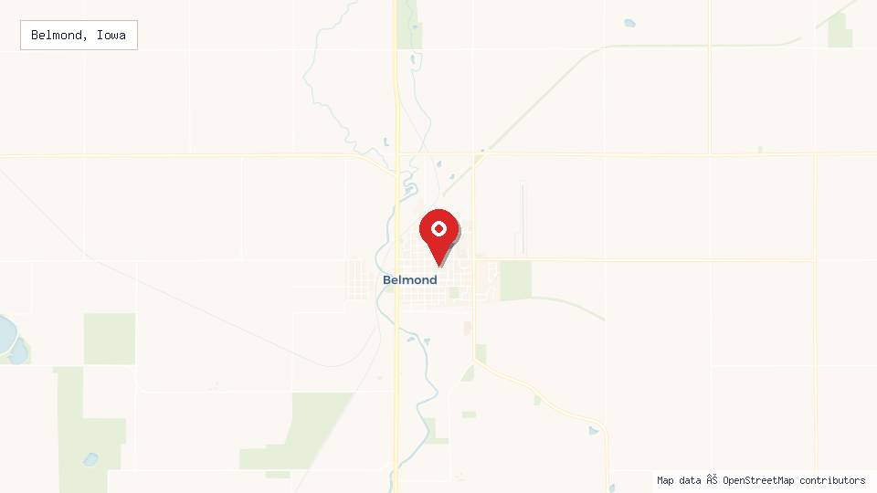 Street map of Belmond, Iowa with location pin