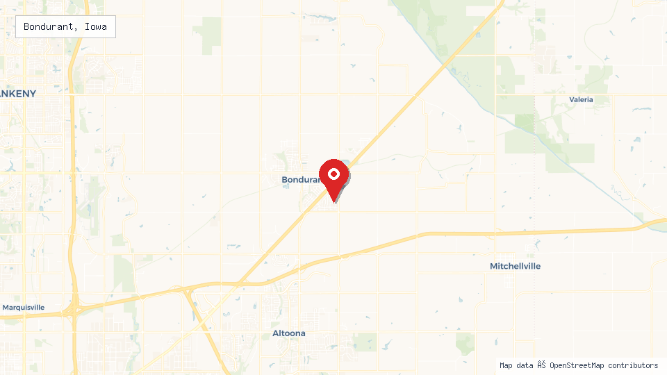Street map of Bondurant, Iowa with location pin