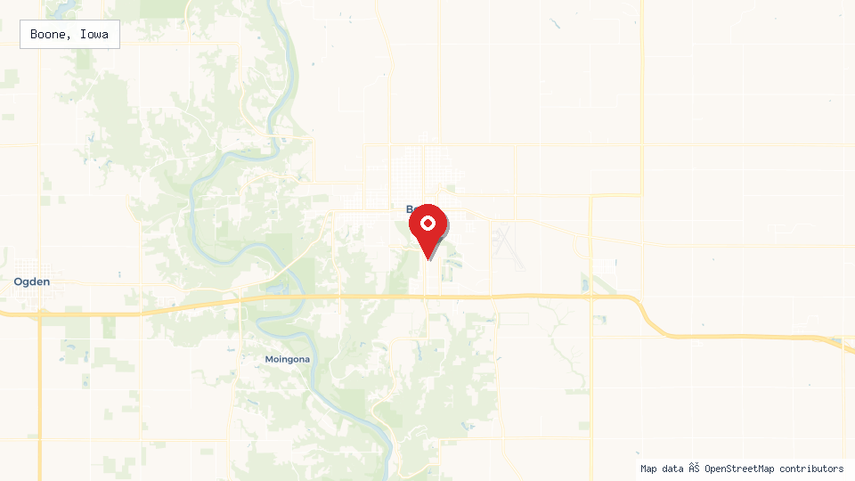 Street map of Boone, Iowa with location pin