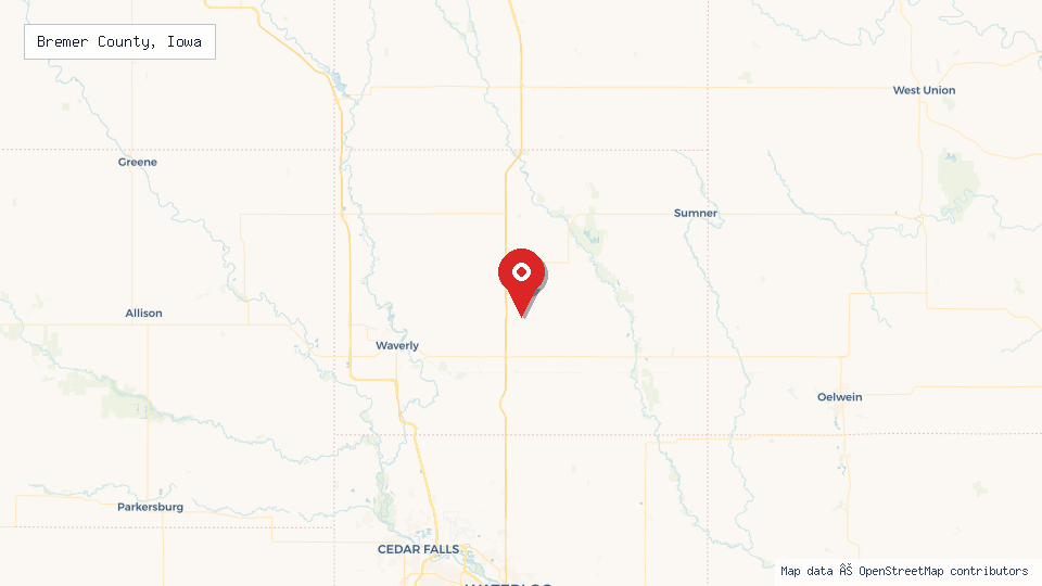 Street map of Bremer County, Iowa with location pin