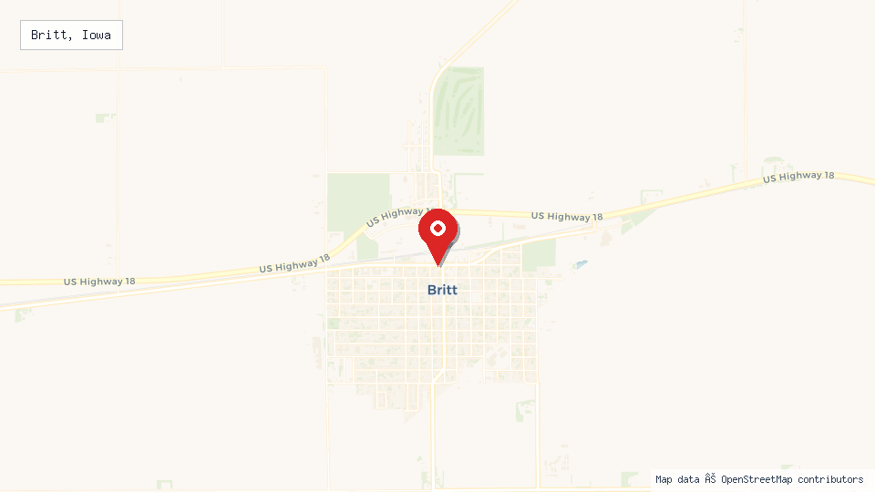 Street map of Britt, Iowa with location pin