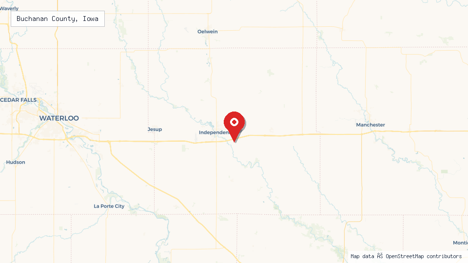 Street map of Buchanan County, Iowa with location pin