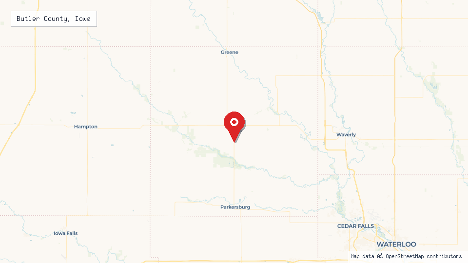 Street map of Butler County, Iowa with location pin