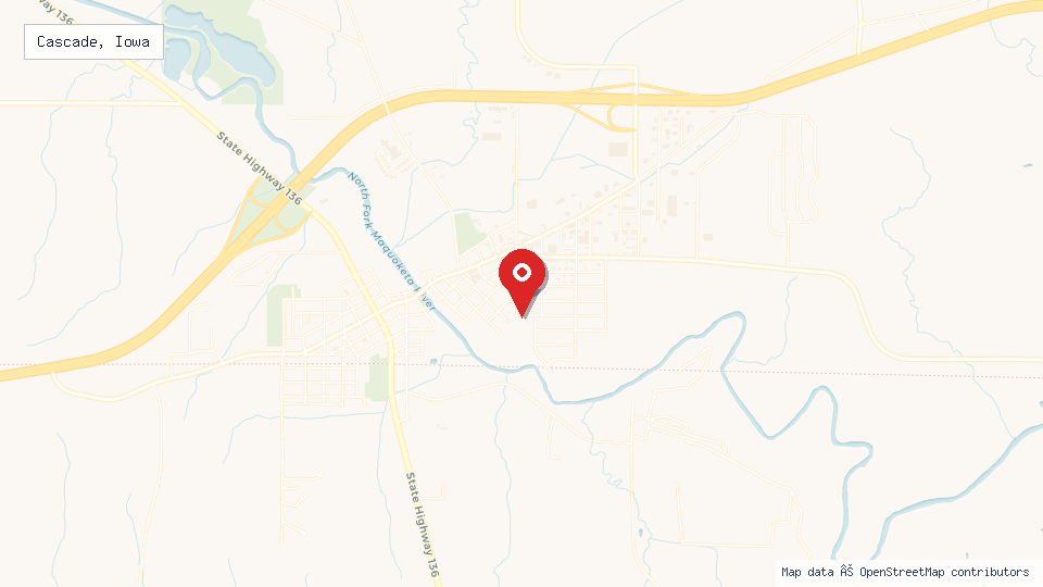 Street map of Cascade, Iowa with location pin