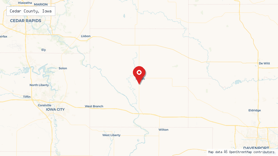 Street map of Cedar County, Iowa with location pin