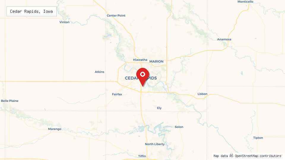 Street map of Cedar Rapids, Iowa with location pin