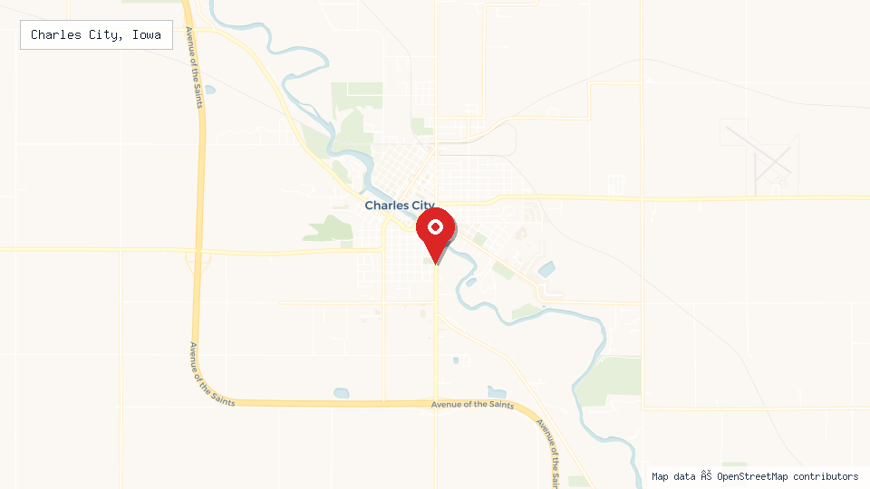 Street map of Charles City, Iowa with location pin
