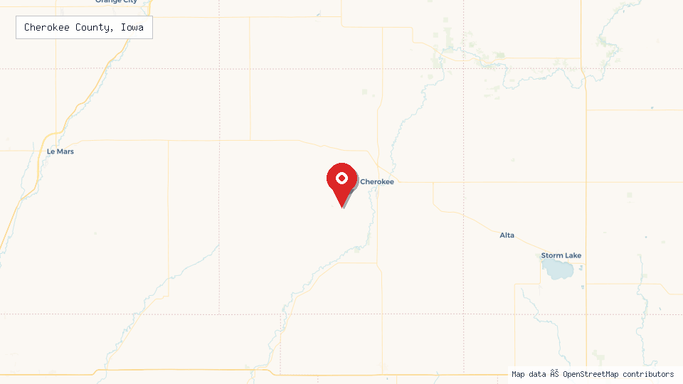 Street map of Cherokee County, Iowa with location pin