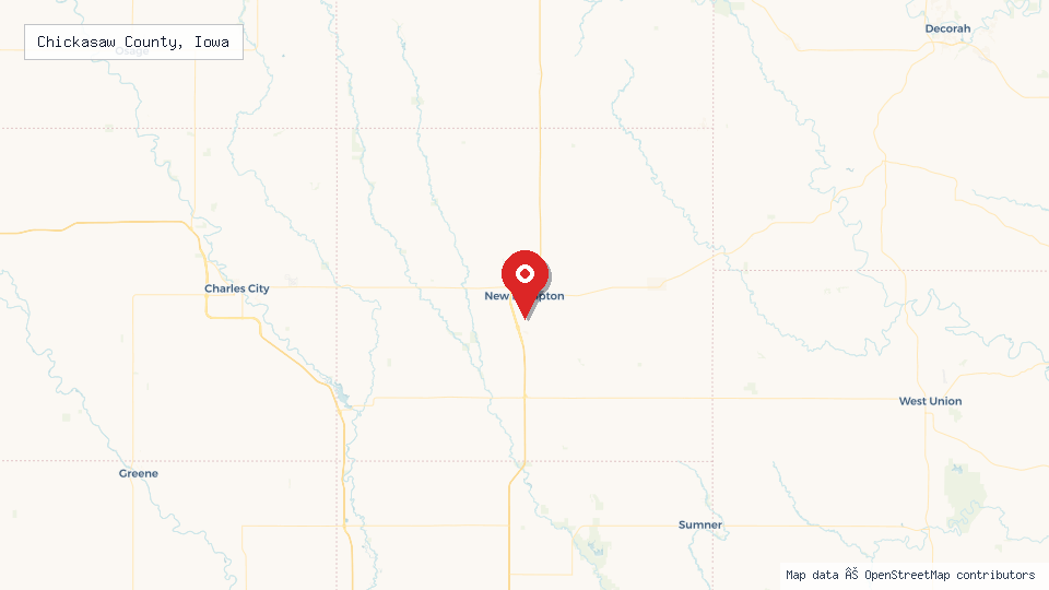 Street map of Chickasaw County, Iowa with location pin