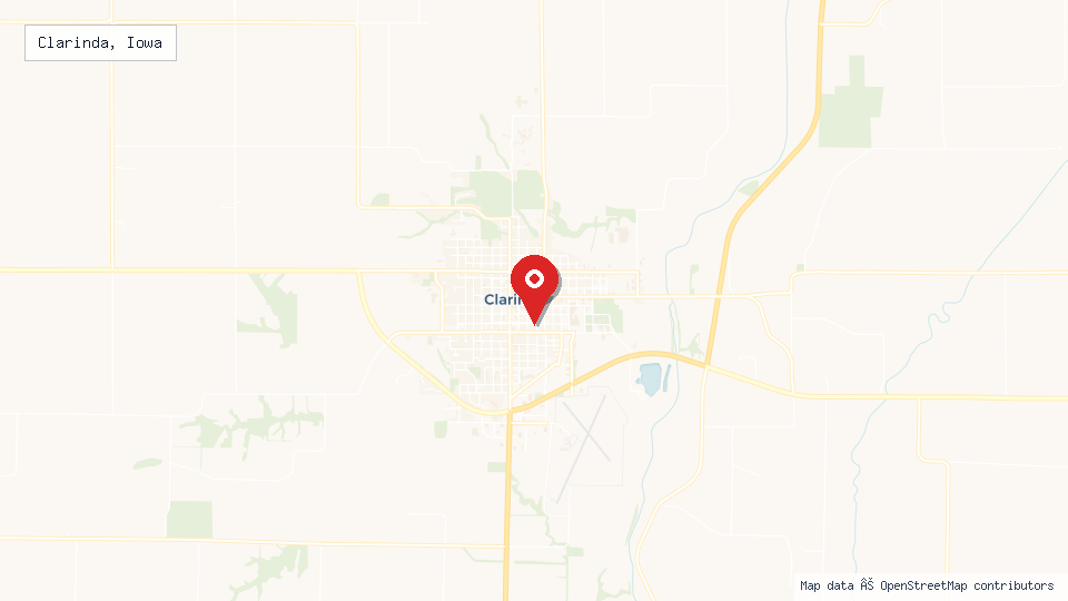 Street map of Clarinda, Iowa with location pin