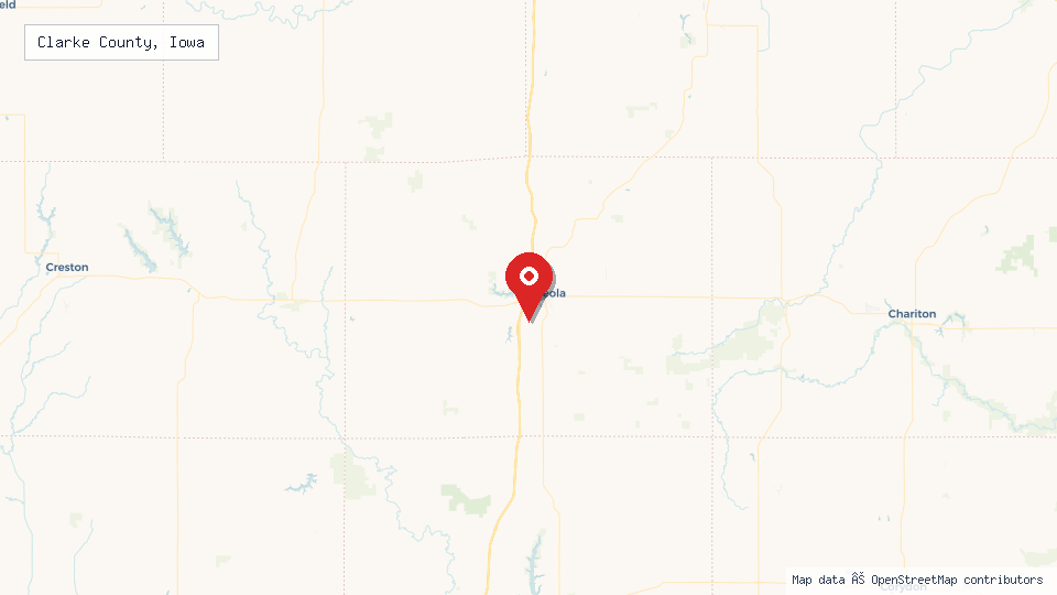 Street map of Clarke County, Iowa with location pin