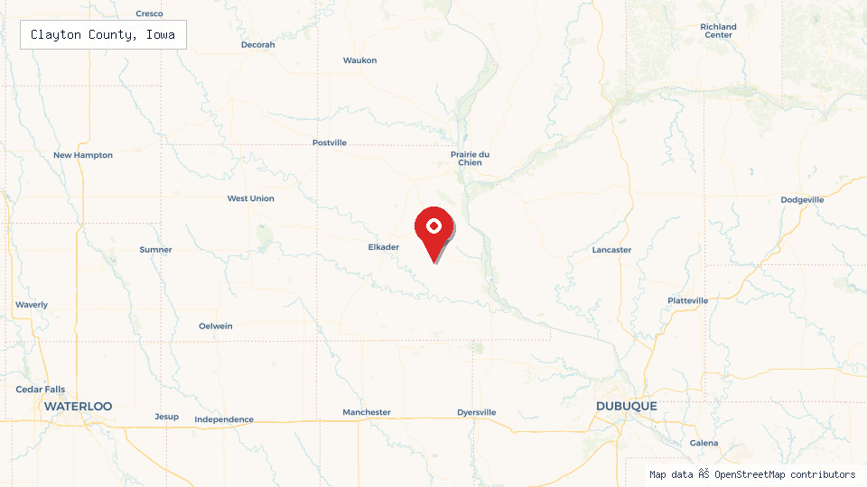 Street map of Clayton County, Iowa with location pin