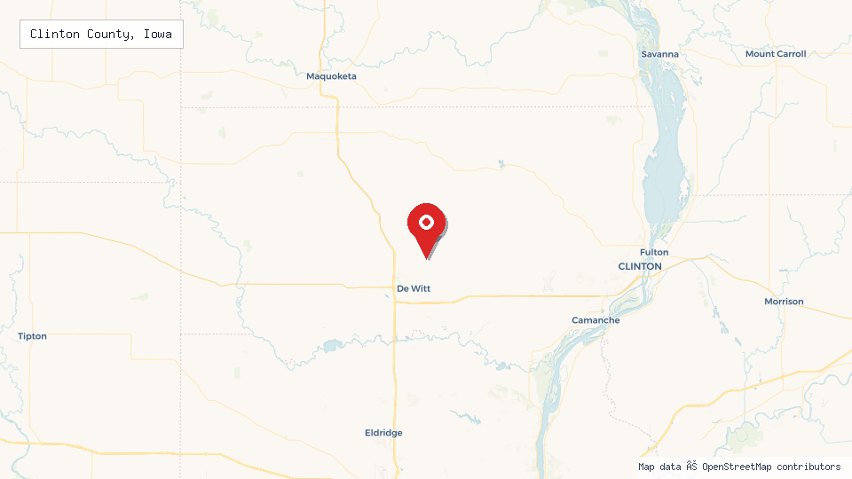 Street map of Clinton County, Iowa with location pin