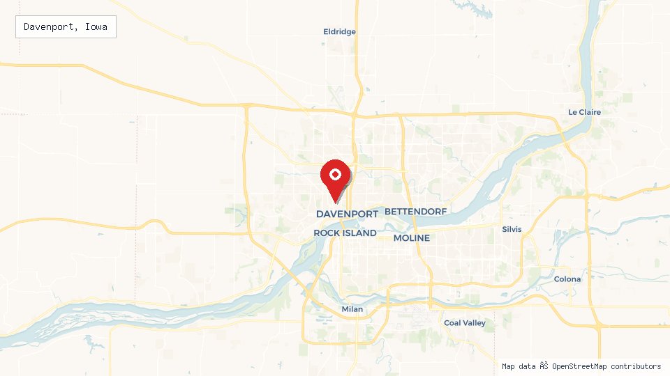 Street map of Davenport, Iowa with location pin