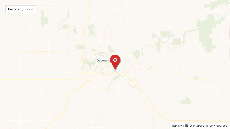 Street map of Decorah, Iowa with location pin