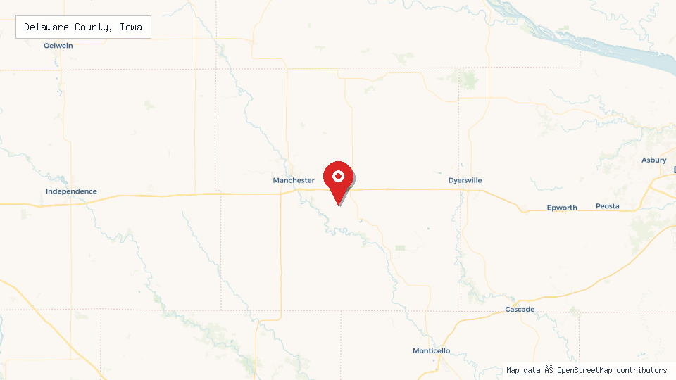 Street map of Delaware County, Iowa with location pin