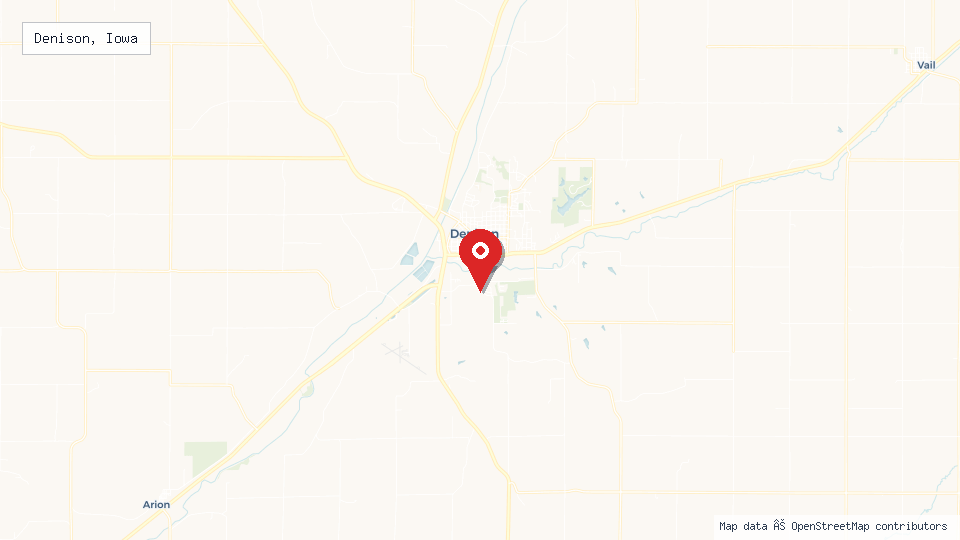 Street map of Denison, Iowa with location pin