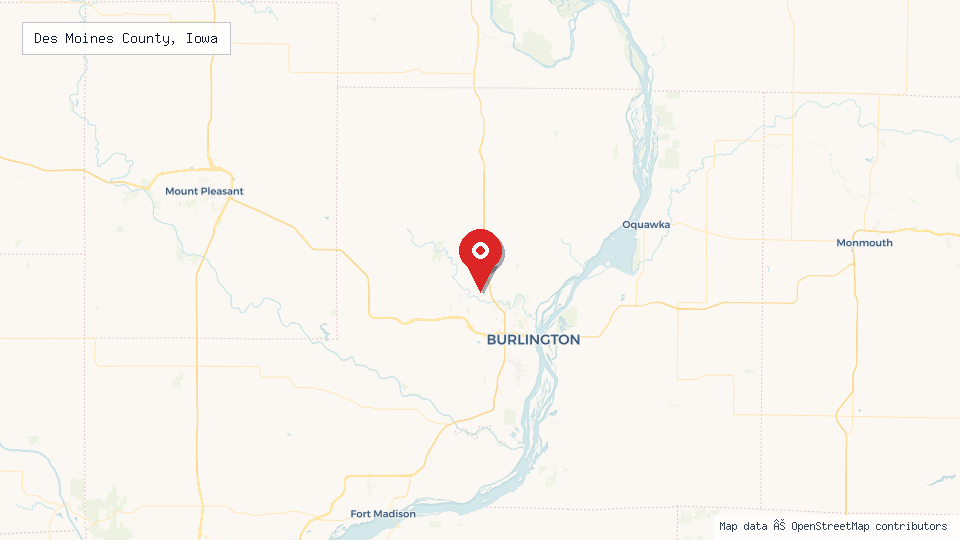 Street map of Des Moines County, Iowa with location pin